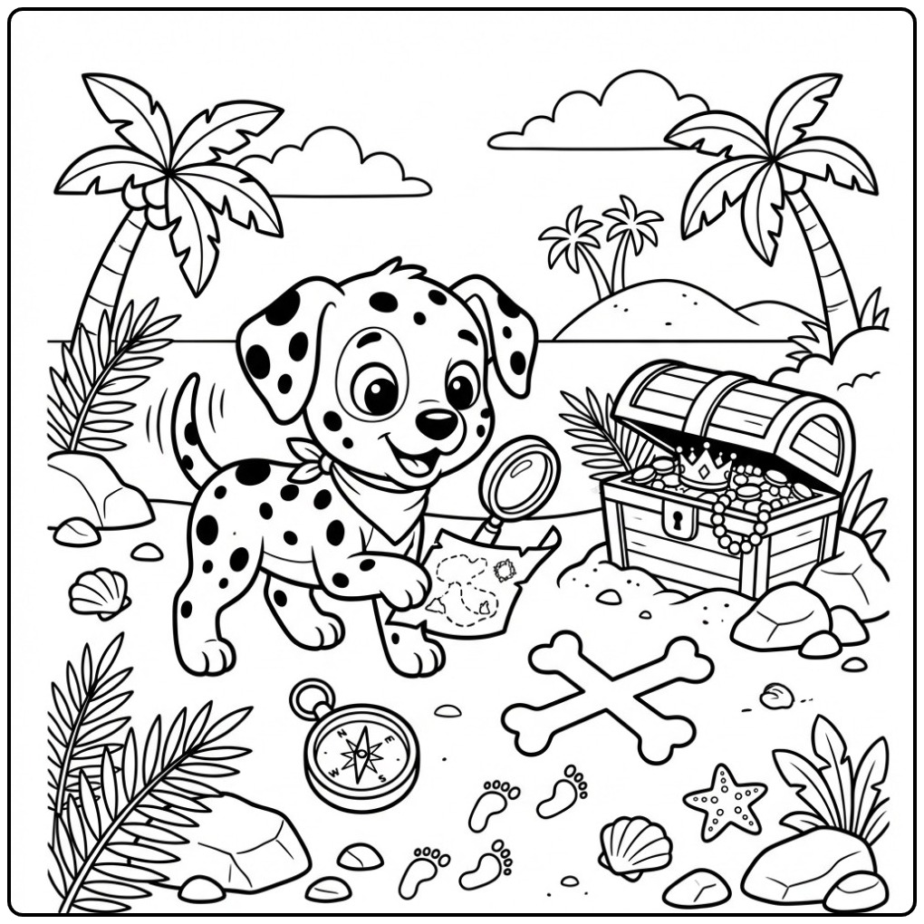 Cheerful Tracking Dog on the Beach Dalmatian coloring page