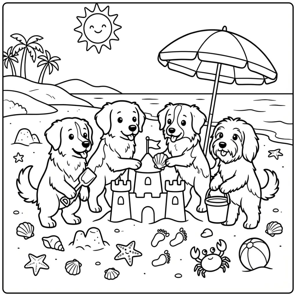 Dog Friends Building a Sandcastle on the Beach coloring page