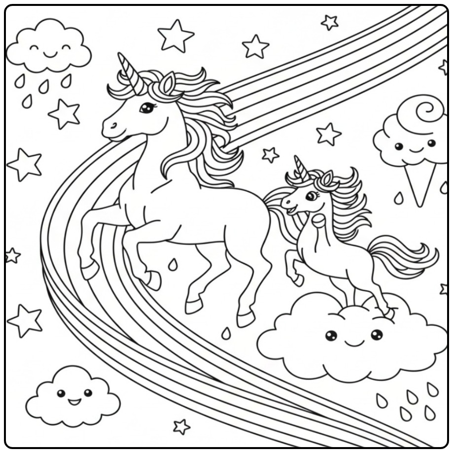 Cheerful Drawing on a Unicorn Rainbow coloring page