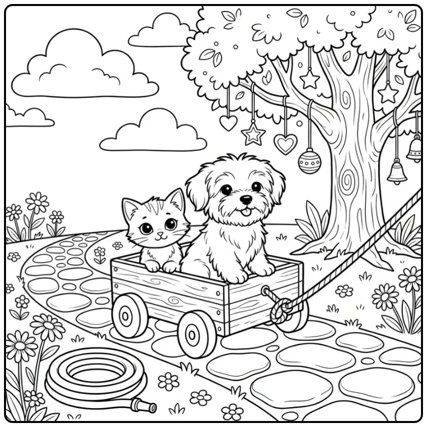 Puppy and Kitten Riding in a Toy Wagon coloring page