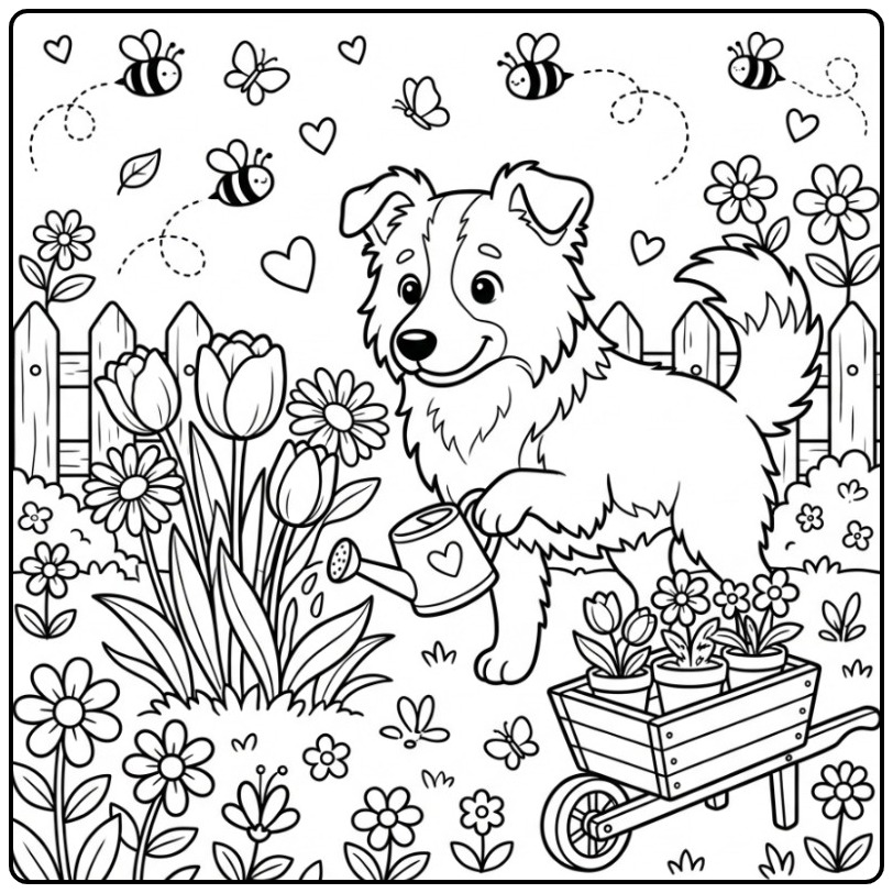 Border Collie Watering Tulips in the Garden coloring page