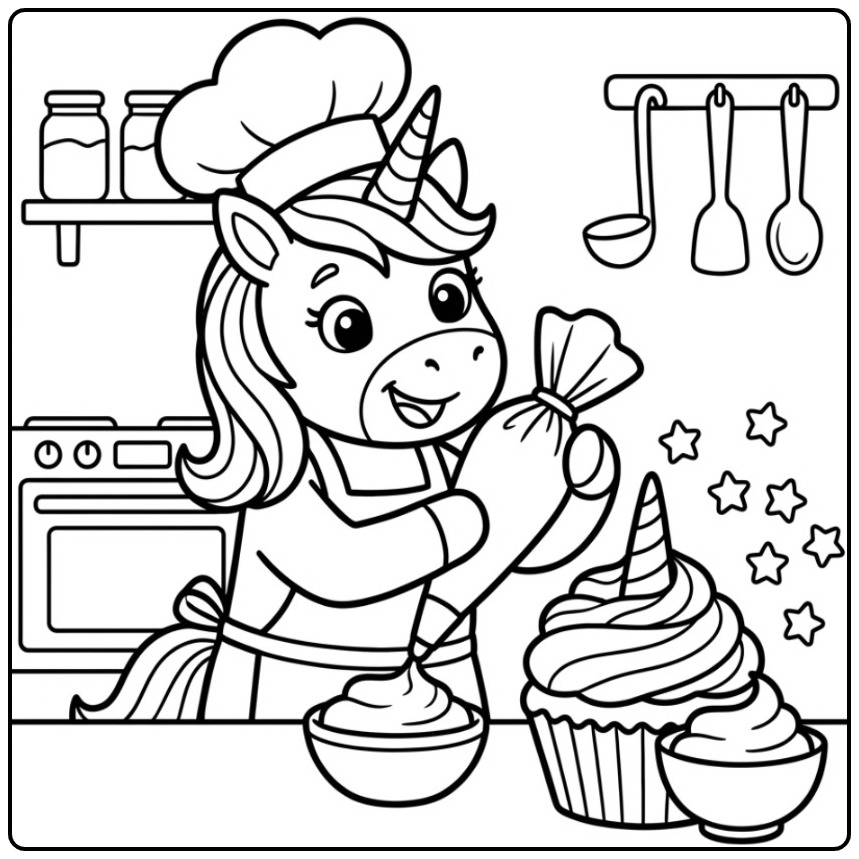 Cheerful Unicorn Cupcake Swirls Frosting Spraying coloring page