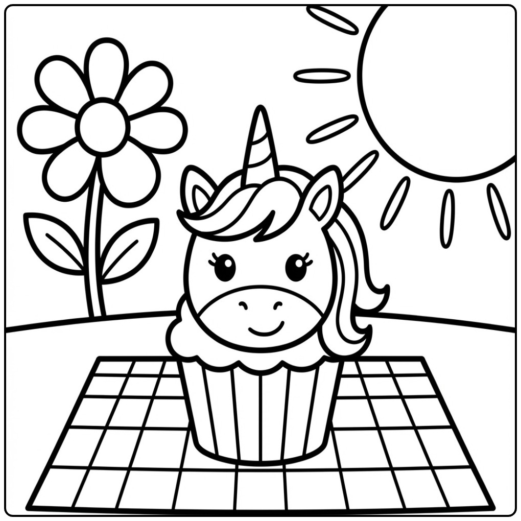 Cheerful Unicorn Cupcake Sun and a Flower coloring page