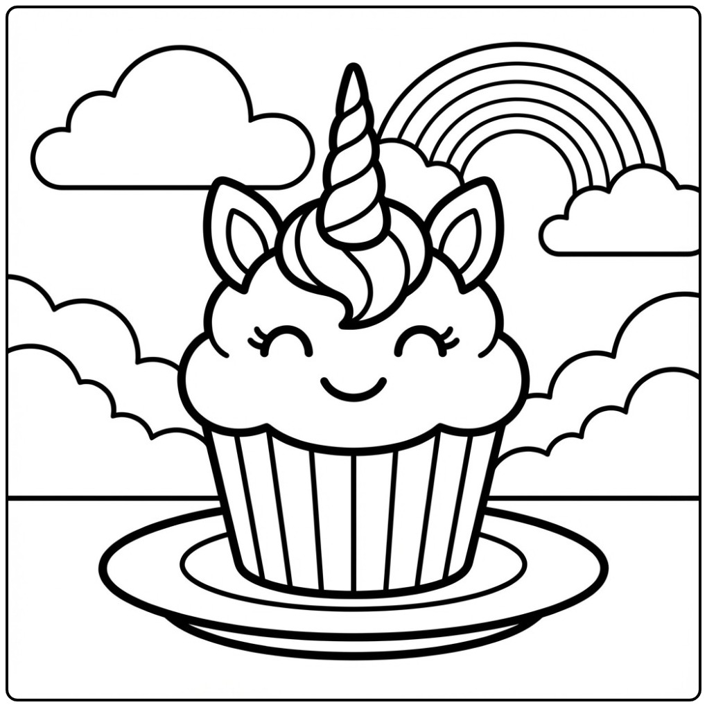 Cheerful Unicorn Cupcake coloring page