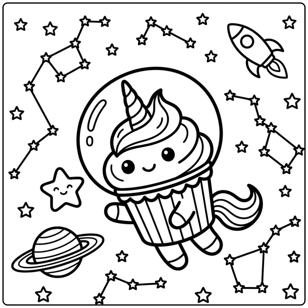 Cheerful Unicorn Cupcake Among the Stars and Planets coloring page