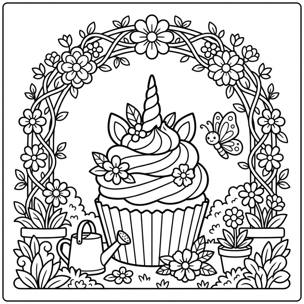 Cheerful Unicorn Cupcake for Creative Kids coloring page