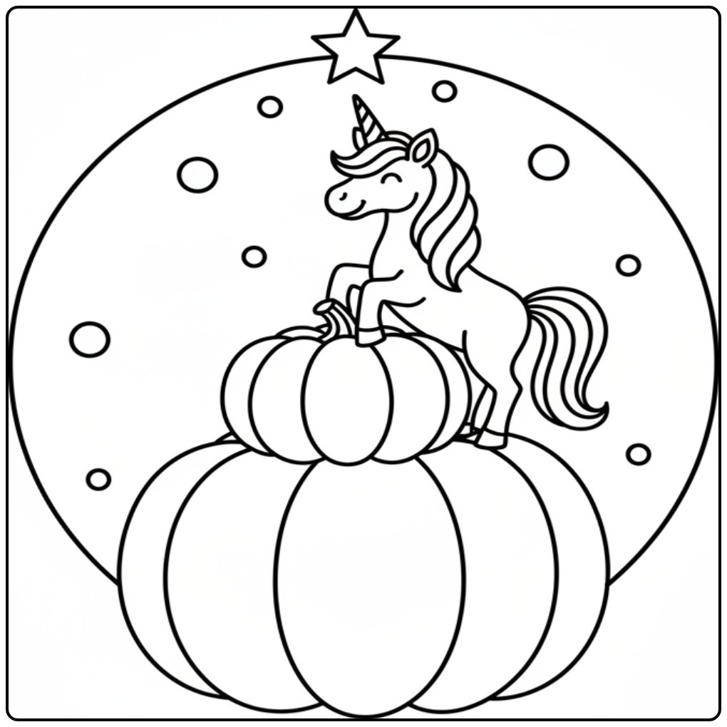 Cheerful Unicorn Halloween Bovenop a Pumpkin coloring page