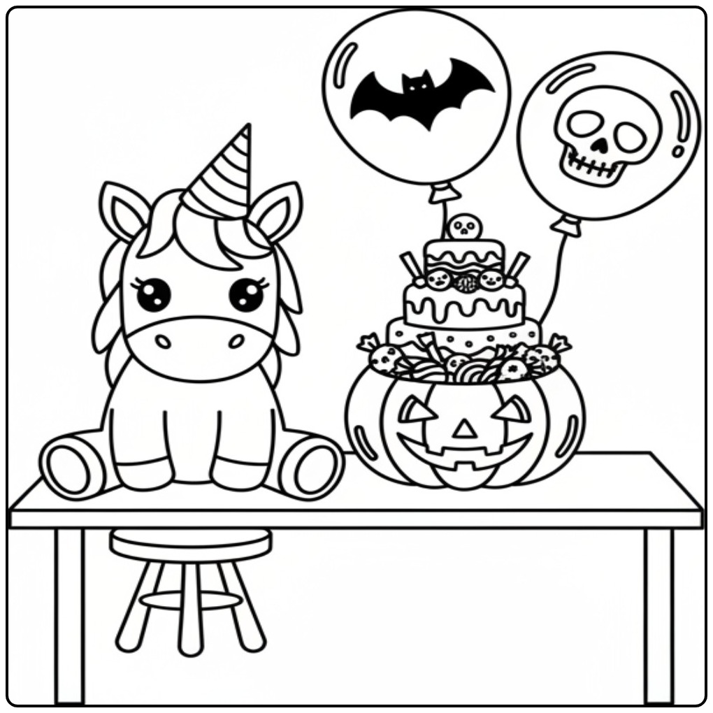 Cheerful Unicorn Halloween Balloons and Pumpkin coloring page