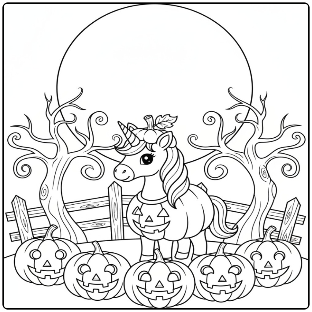 Cheerful Unicorn Halloween coloring page