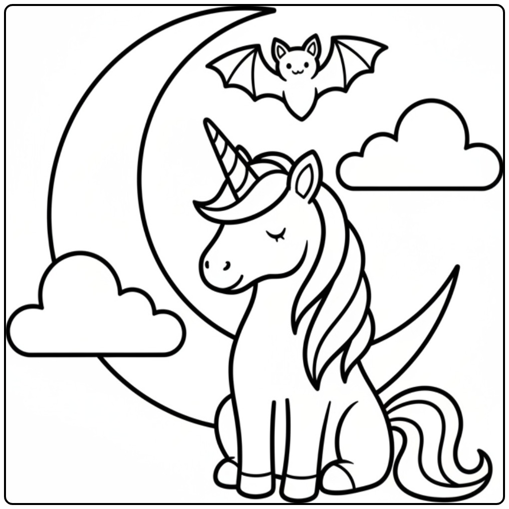 Cheerful Unicorn Halloween Sitting for the Moon coloring page