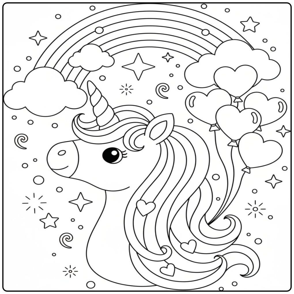 Cheerful Unicorn Head and Rainbow Balloons coloring page