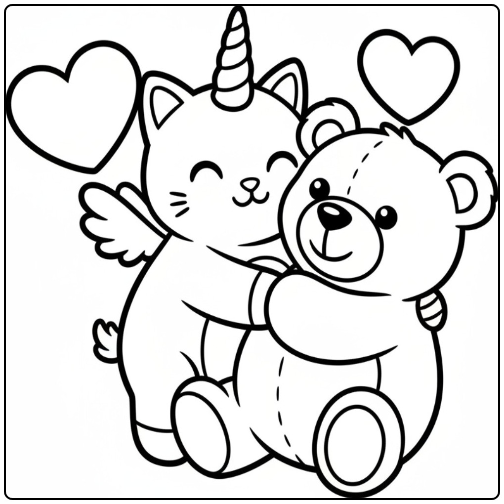 Cheerful Unicorn Cat a Teddy Bear Hugging coloring page