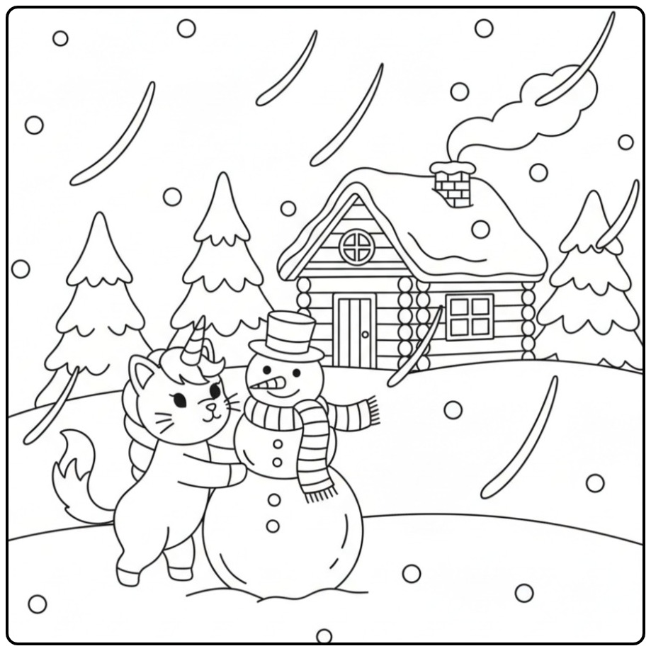 Cheerful Unicorn Cat a Snowman Building coloring page