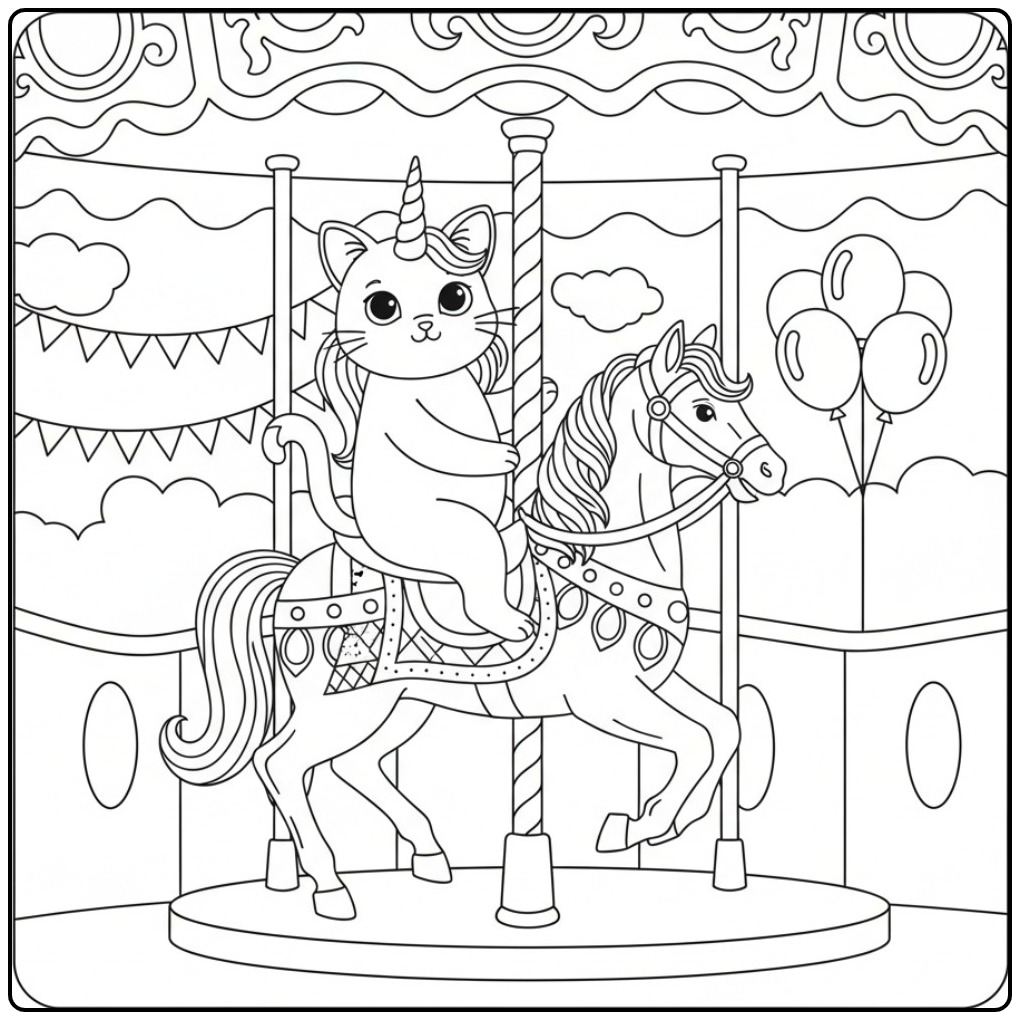 Cheerful Unicorn Cat in a Magical Carousel coloring page