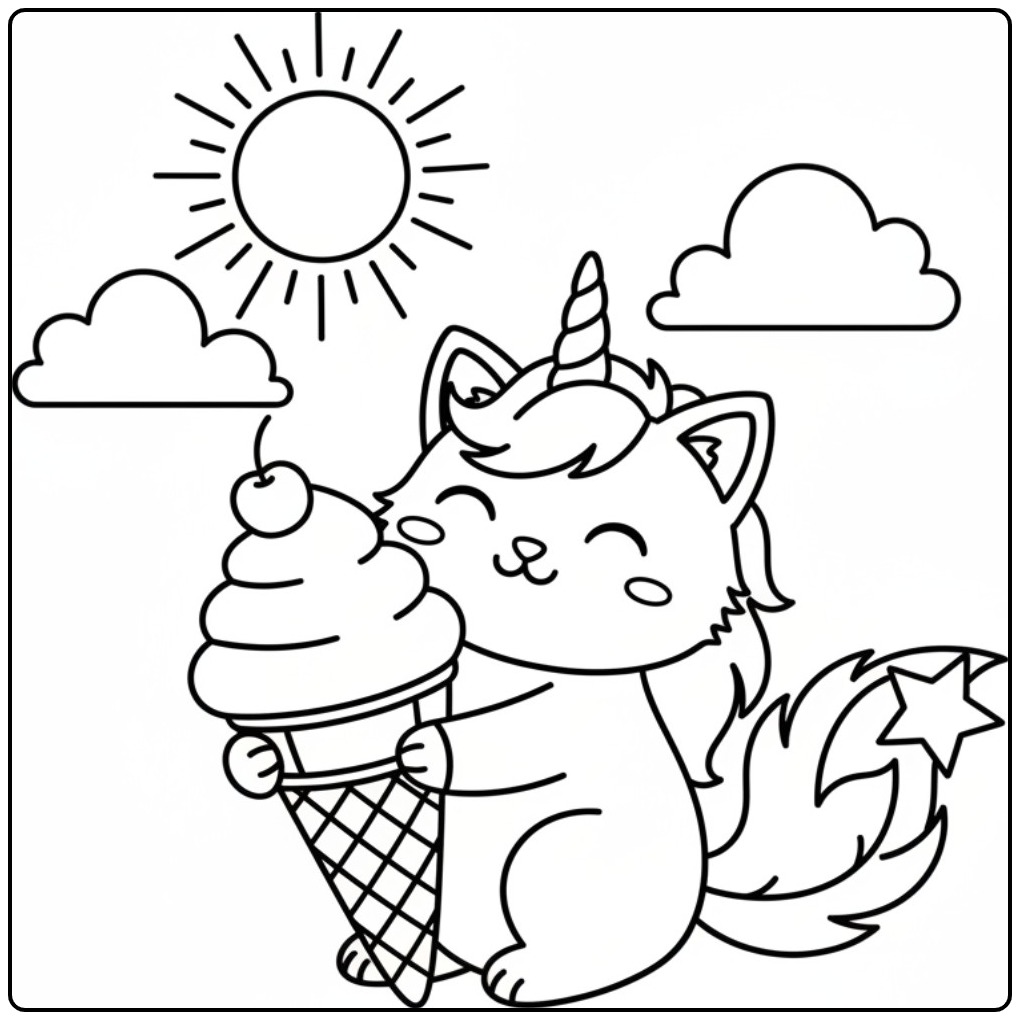 Cheerful Unicorn Cat a Large Ice Cream Cone coloring page