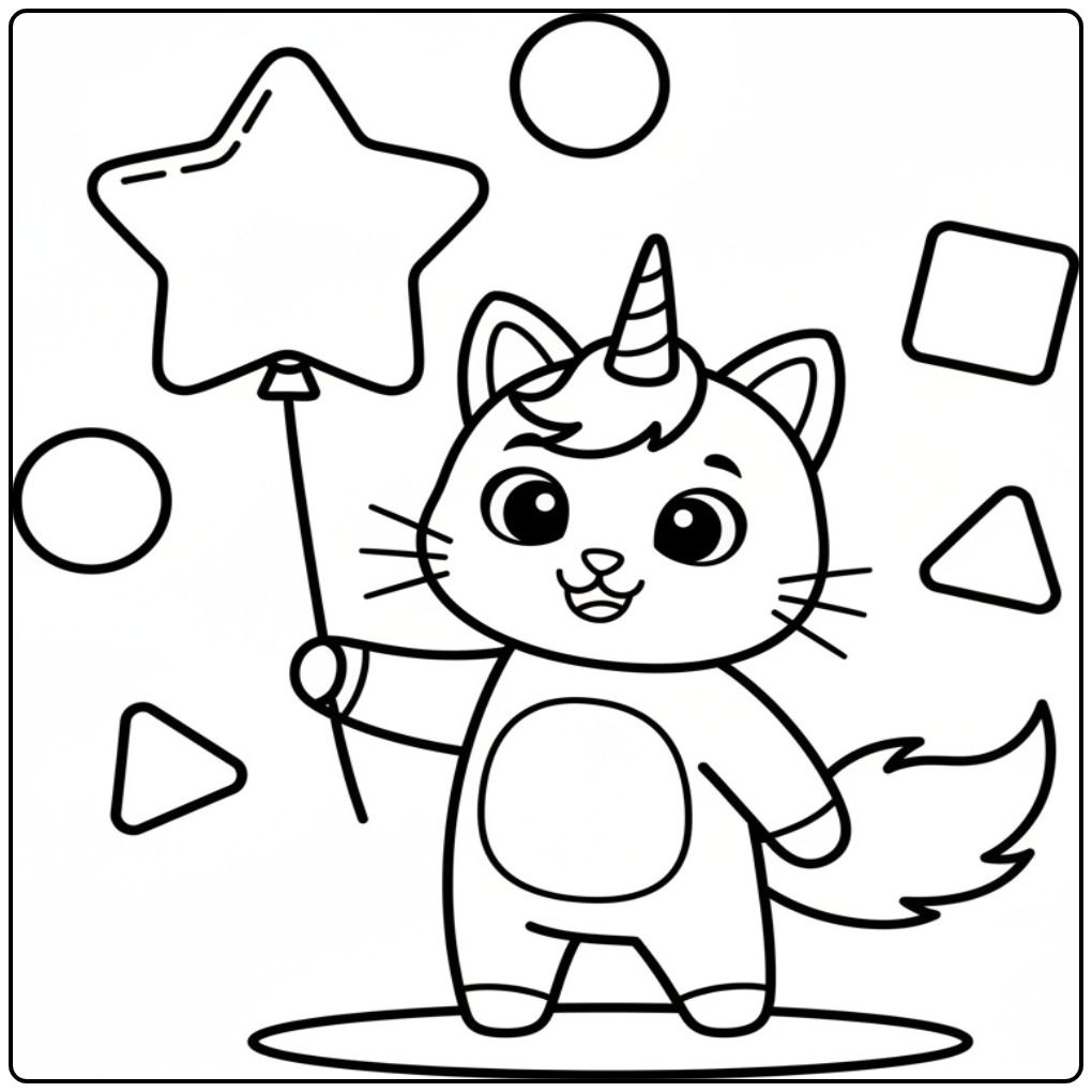 Cheerful Unicorn Cat Geometric Shapes coloring page