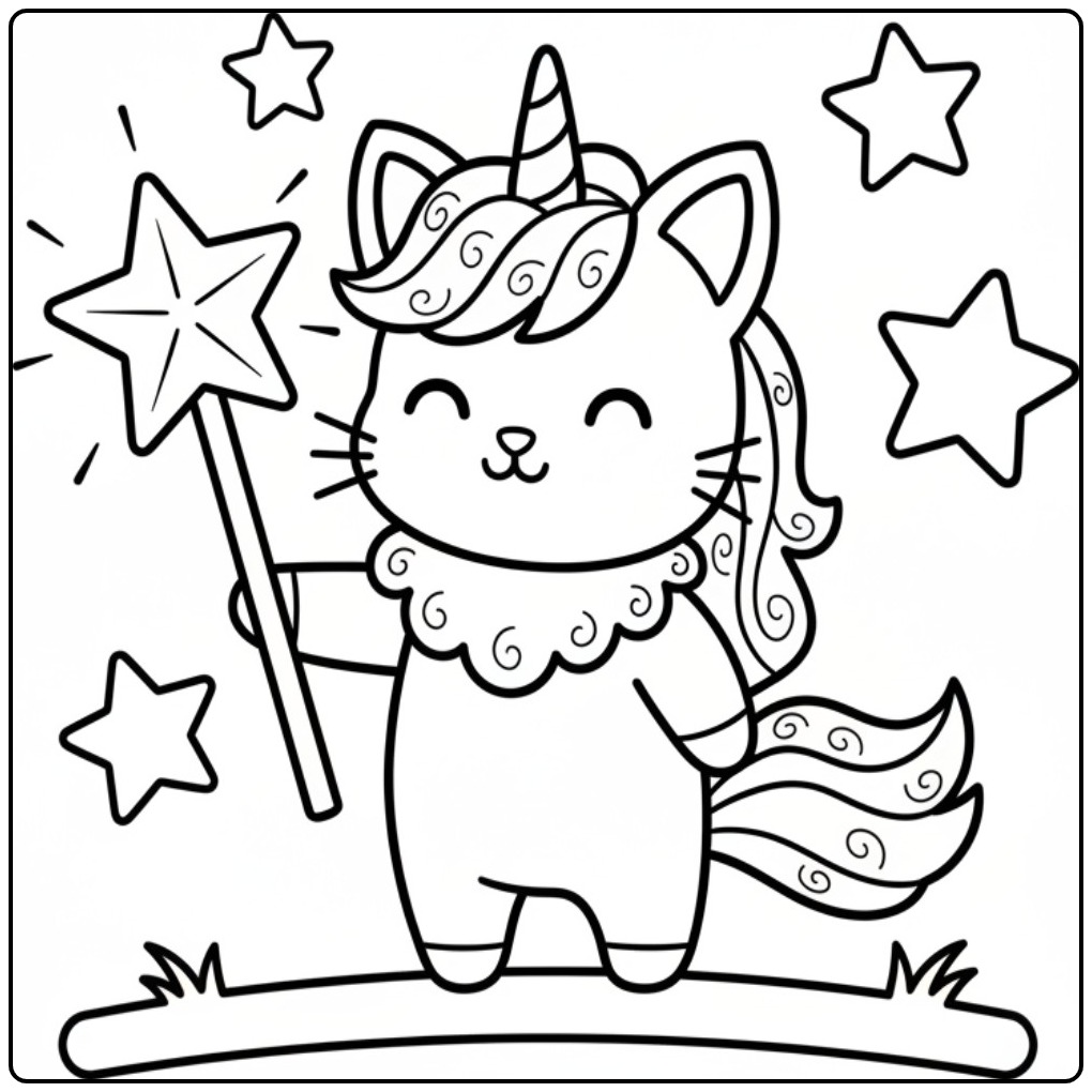 Cheerful Unicorn Cat Magical Starry Sky coloring page
