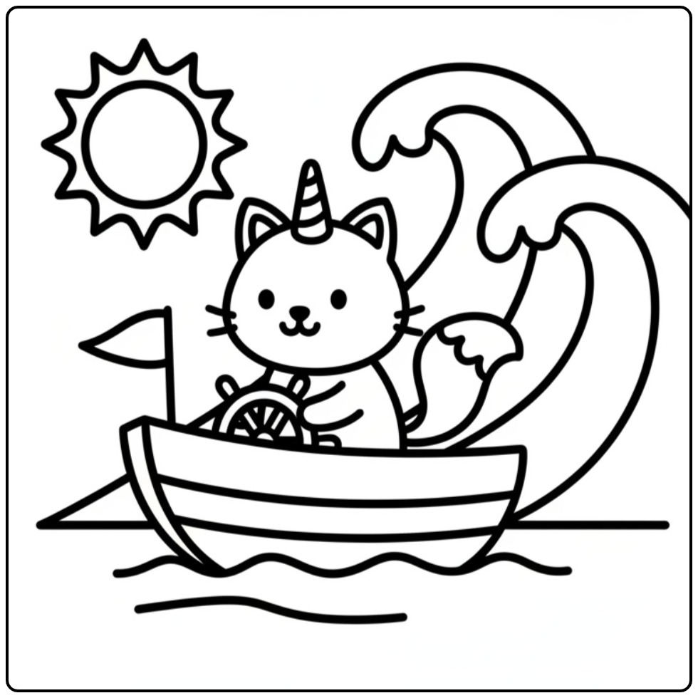 Cheerful Unicorn Cat Steering on the Waves coloring page
