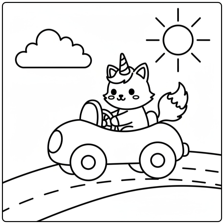 Cheerful Unicorn Cat for a Fun Car Ride coloring page