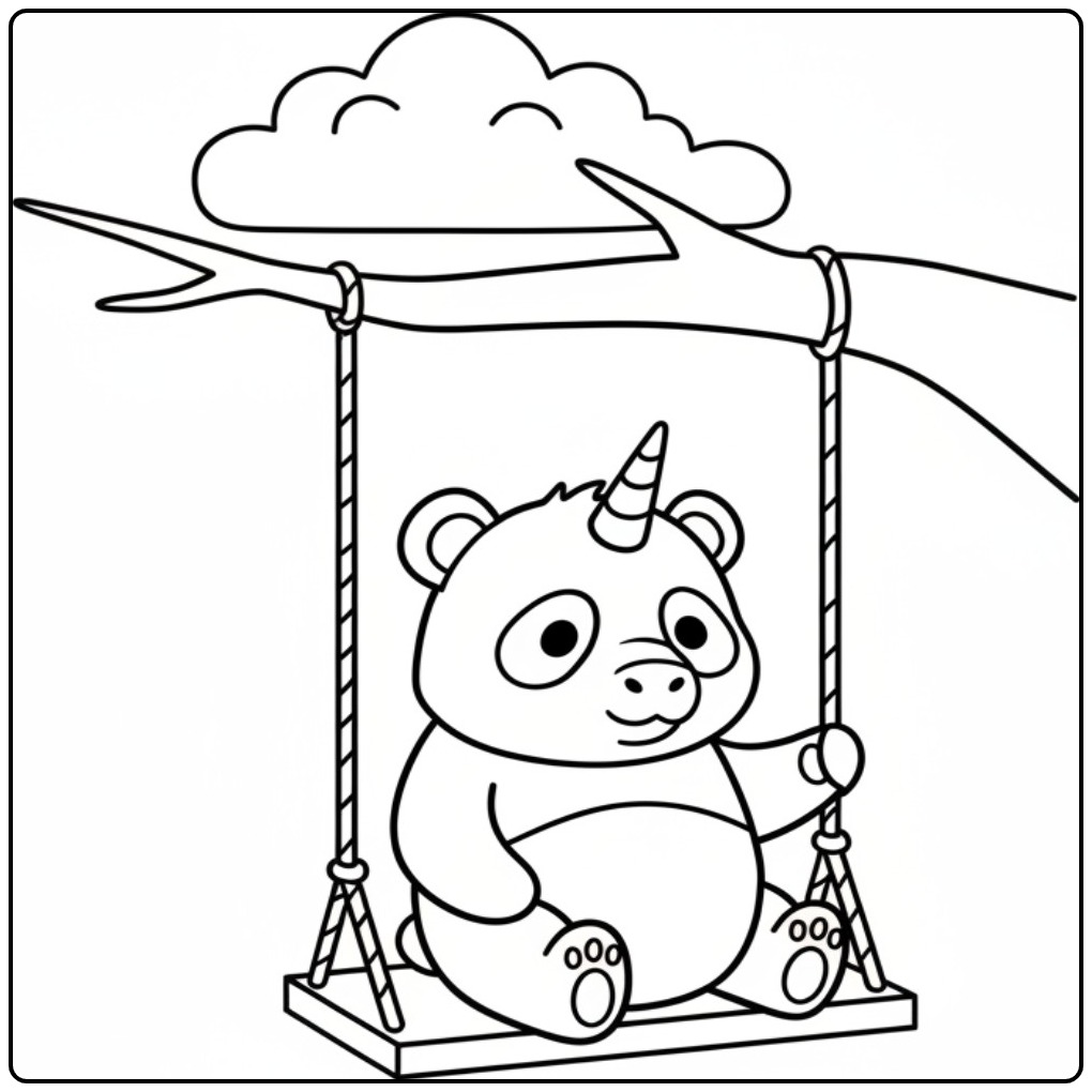 Cheerful Unicorn Panda Hanging at a Tree Branch coloring page