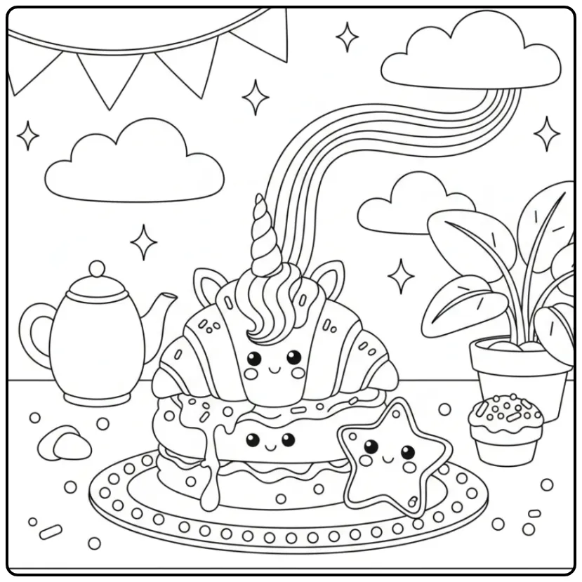 Cheerful Unicorn Cake and Rainbow coloring page
