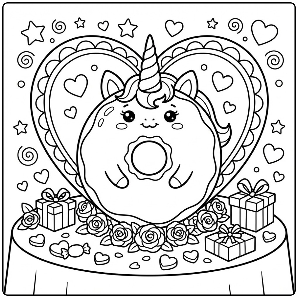 Cheerful Valentine Donut Unicorn and Gifts coloring page