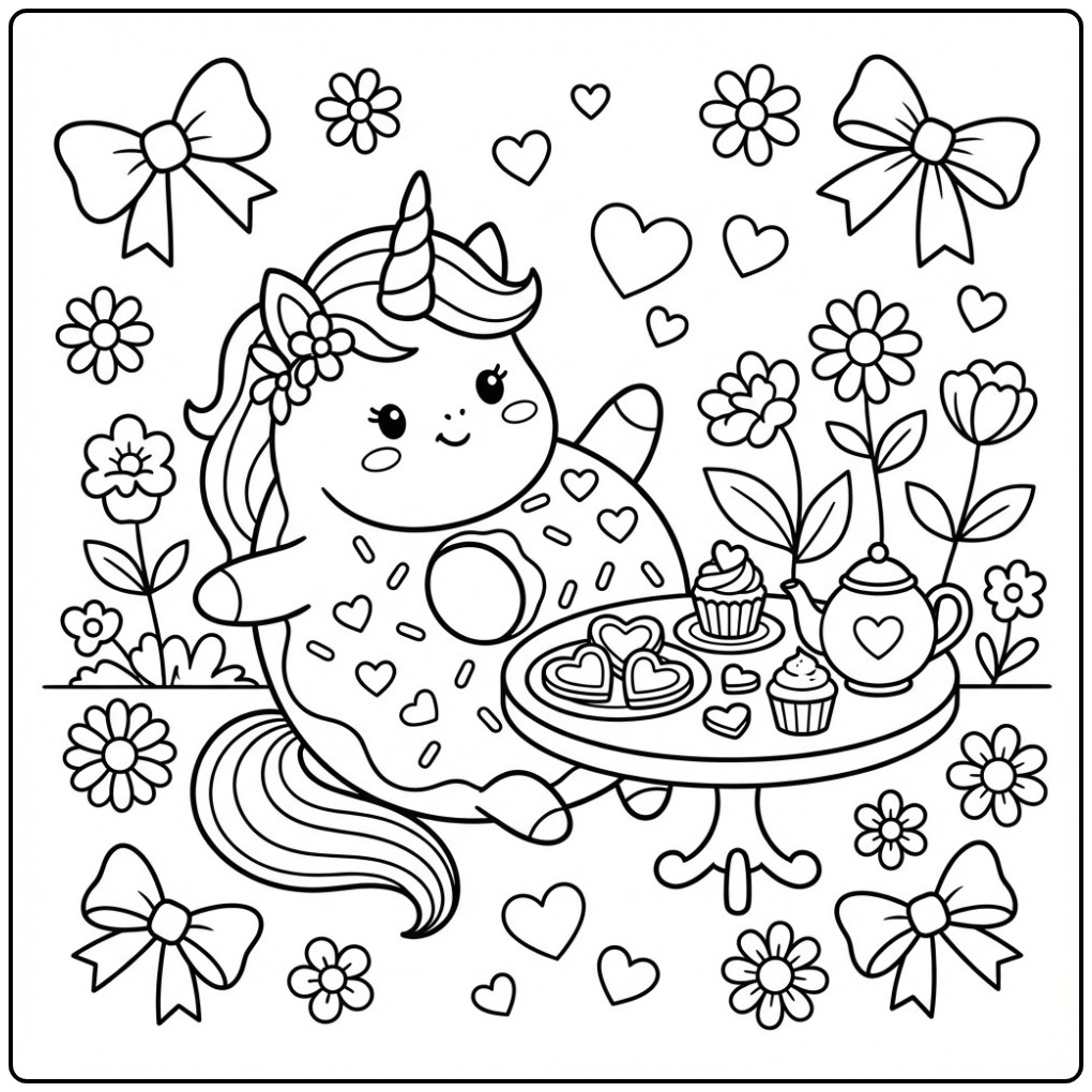 Cheerful Valentine Donut Unicorn Sweet Bites coloring page