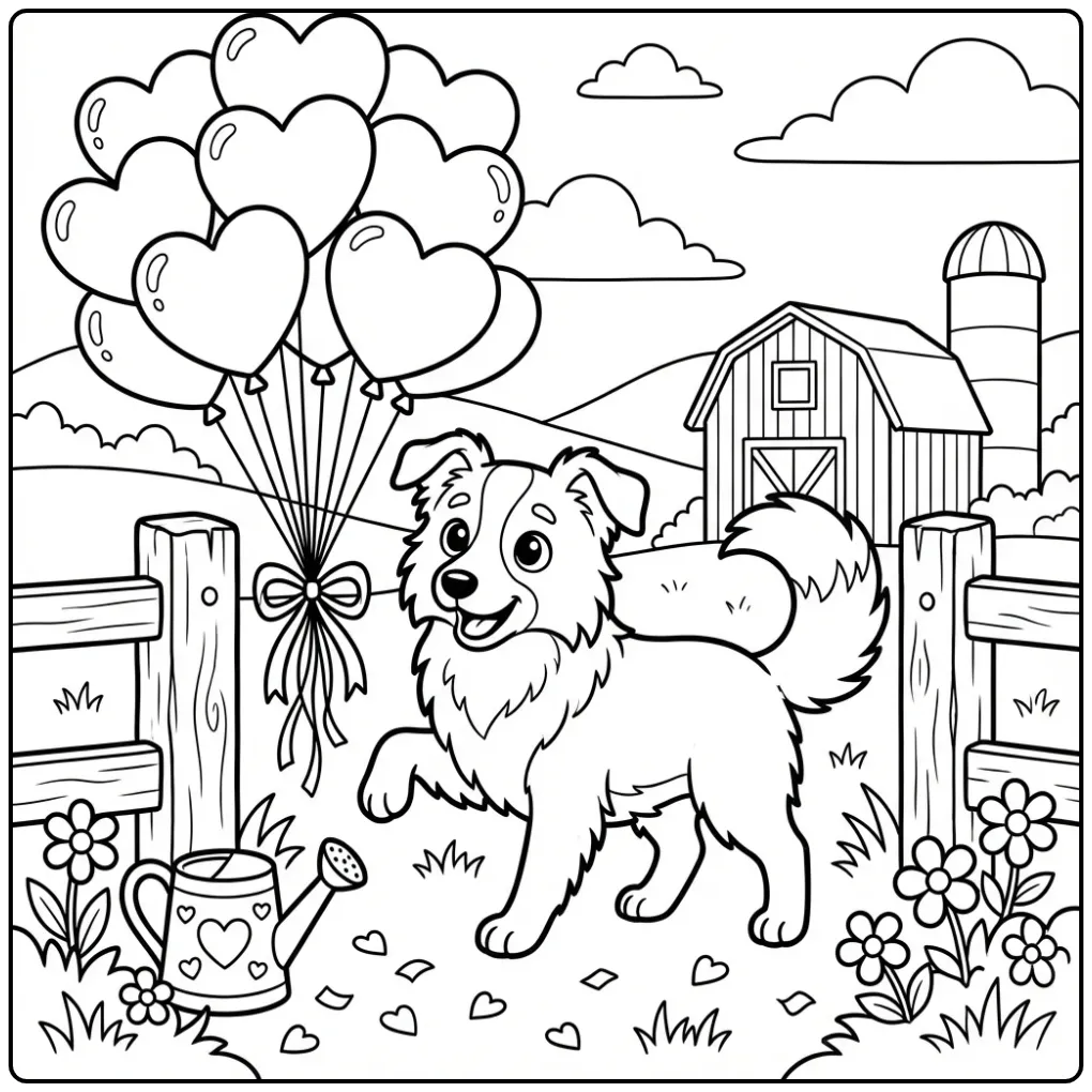 Border Collie Herding Heart Balloons coloring page