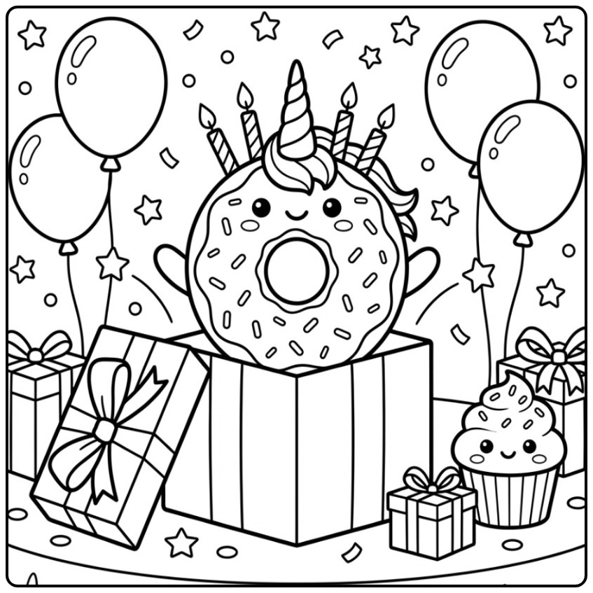 Cheerful Birthday Donut Unicorn Gifts coloring page