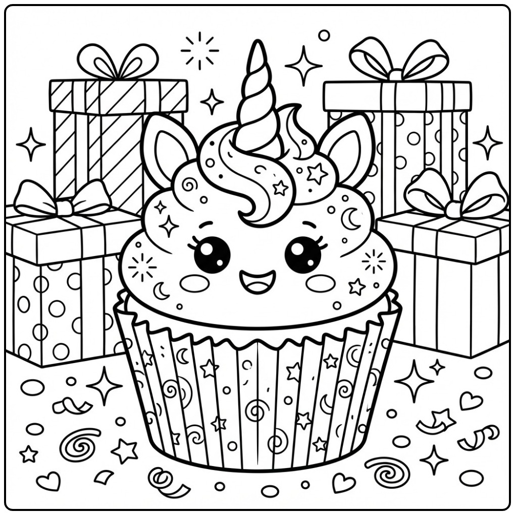 Cheerful Birthday Unicorn Cupcake coloring page