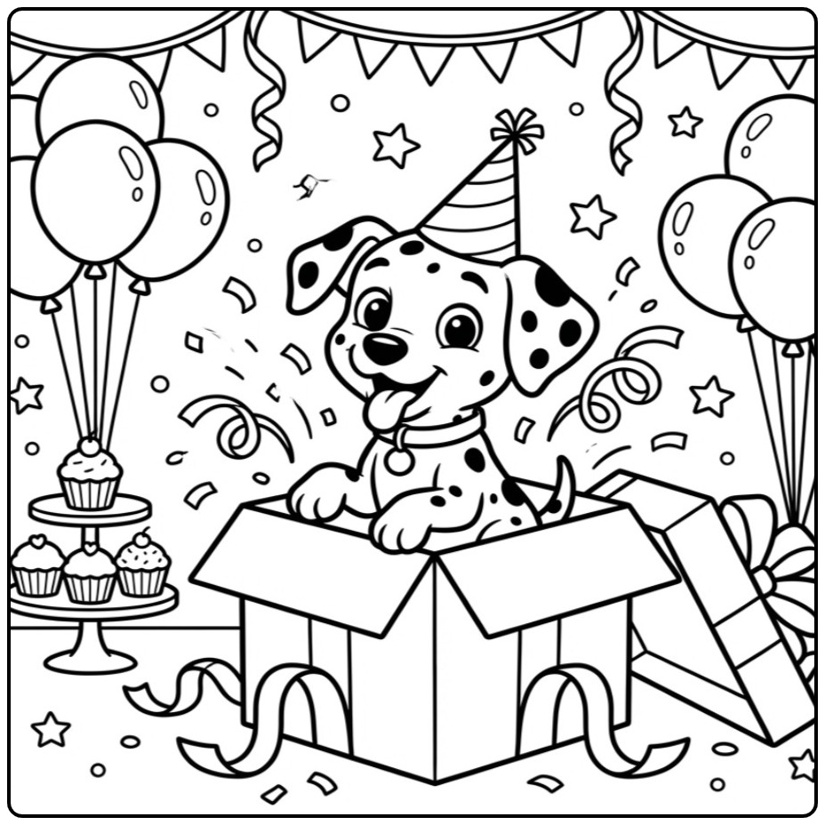Cheerful Birthday Dalmatian Jumping from a Box coloring page