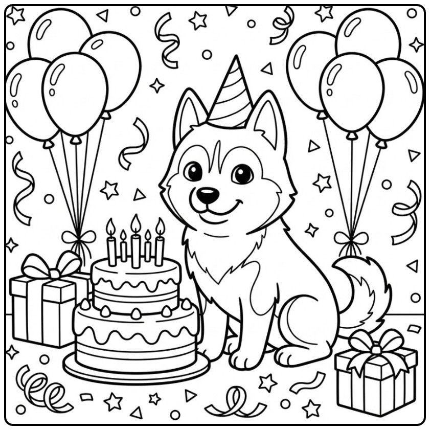 Birthday Husky with Party Hat and Gifts coloring page