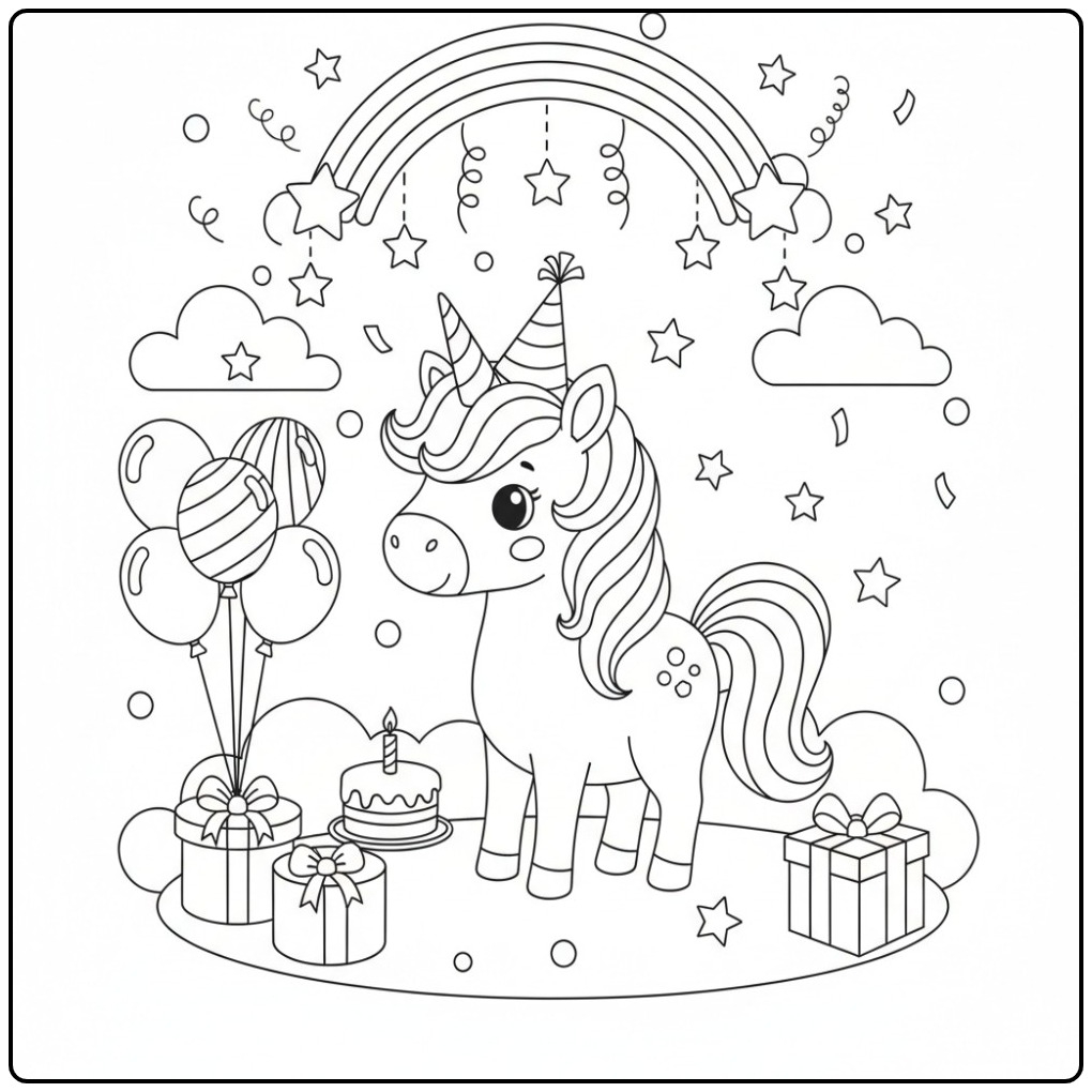 Cheerful Birthday Unicorn Rainbow coloring page