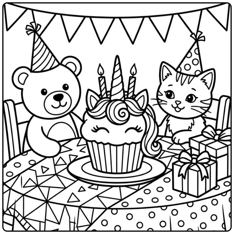 Cheerful Birthday with a Unicorn Cupcake coloring page