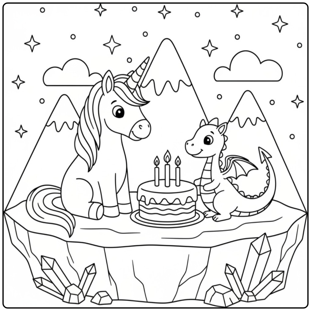 Cheerful Birthday Cake Unicorn and Dragon on Mountain coloring page