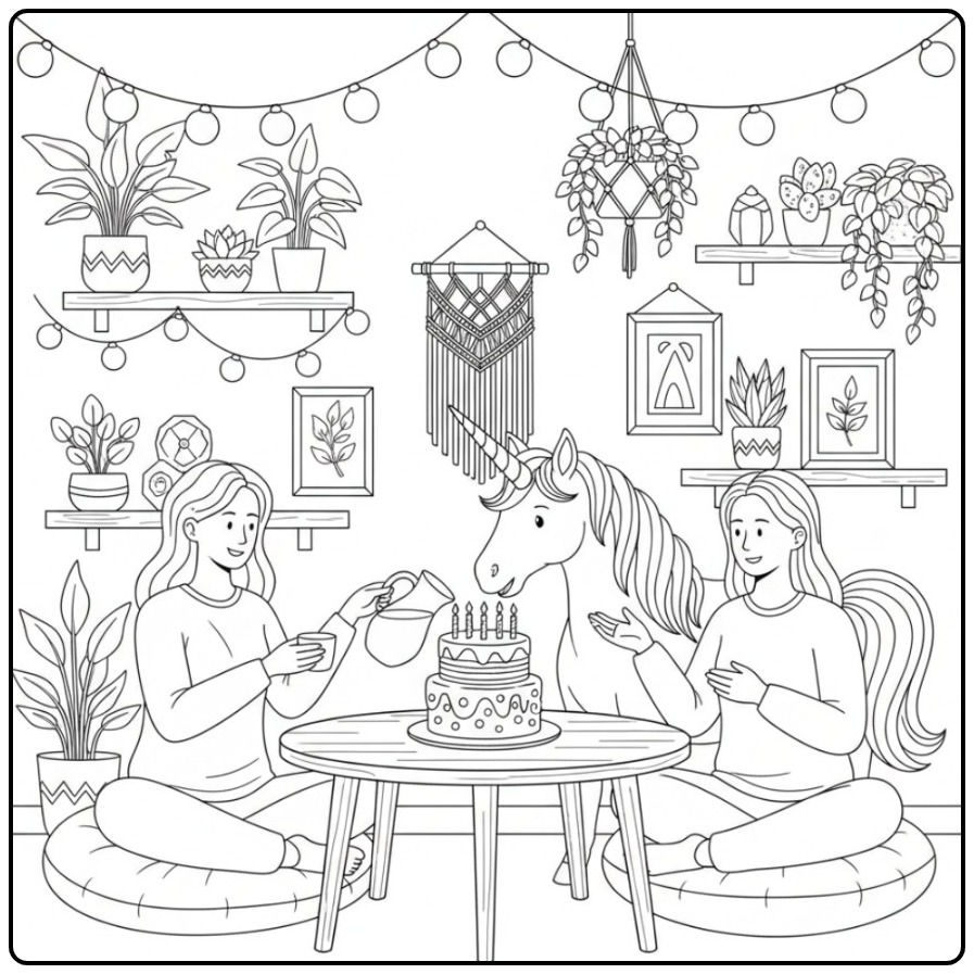 Cheerful Birthday Cake Unicorn Party for You coloring page