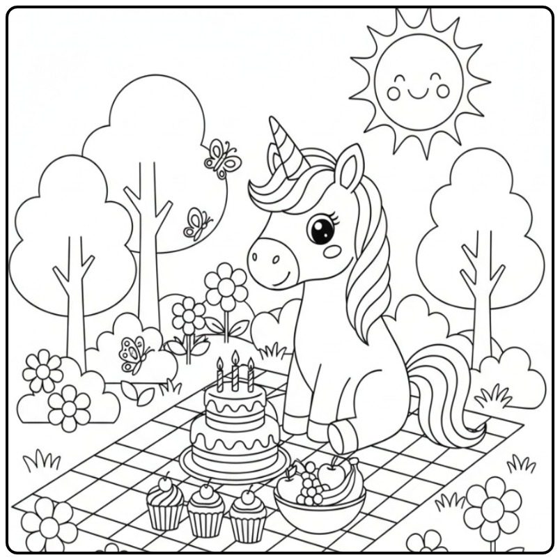 Cheerful Birthday Cake Unicorn with Picnic coloring page