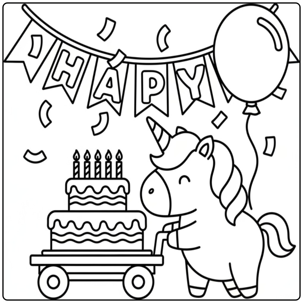 Cheerful Birthday Cake Unicorn coloring page