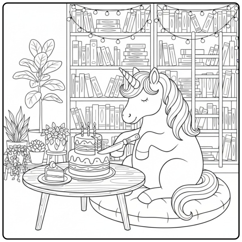 Cheerful Birthday Cake Unicorn Celebrating Party 1 coloring page