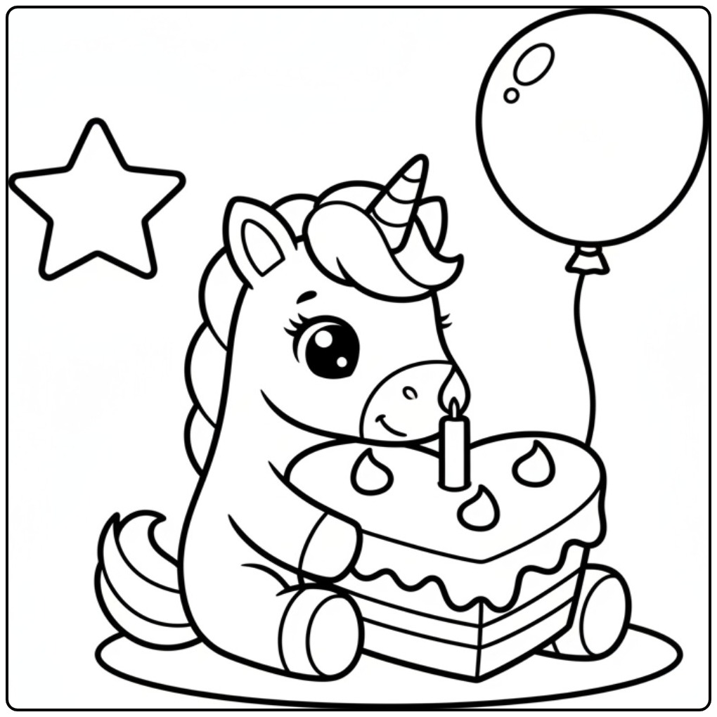 Cheerful Birthday Cake Unicorn Celebrating Party coloring page