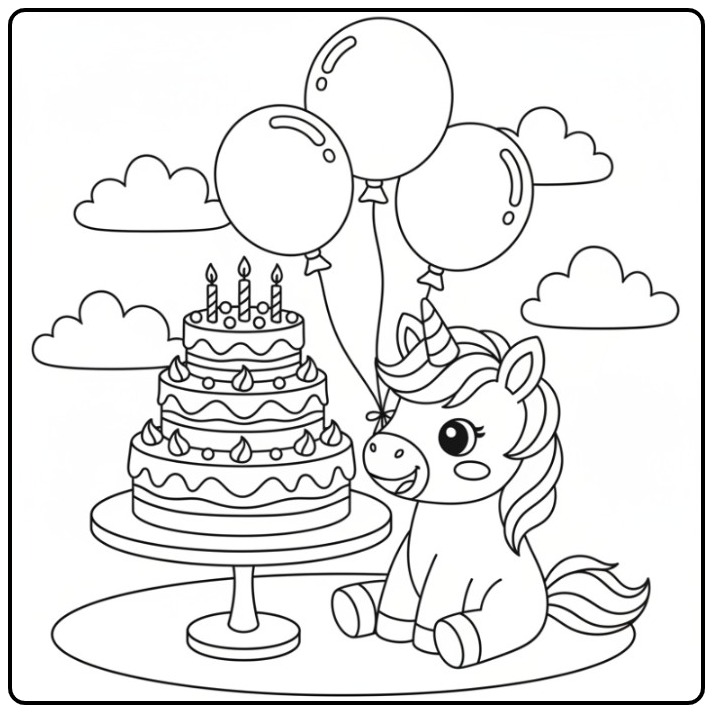 Cheerful Birthday Cake Unicorn for a Party coloring page