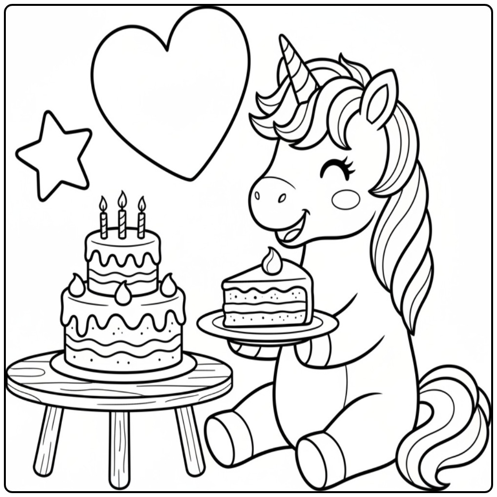Cheerful Birthday Cake Unicorn for Young Artists coloring page