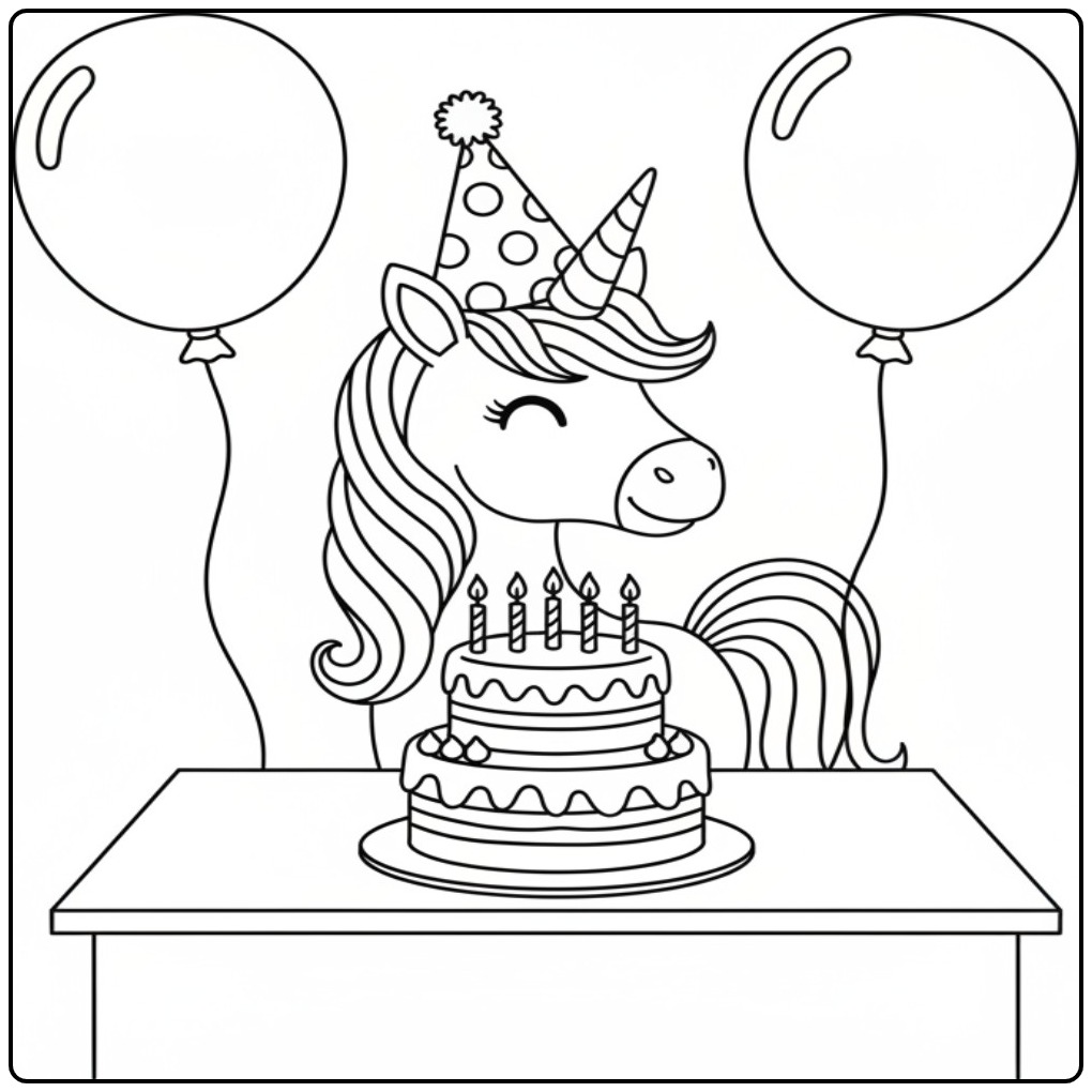 Cheerful Birthday Cake Unicorn for Hours Coloring Fun coloring page