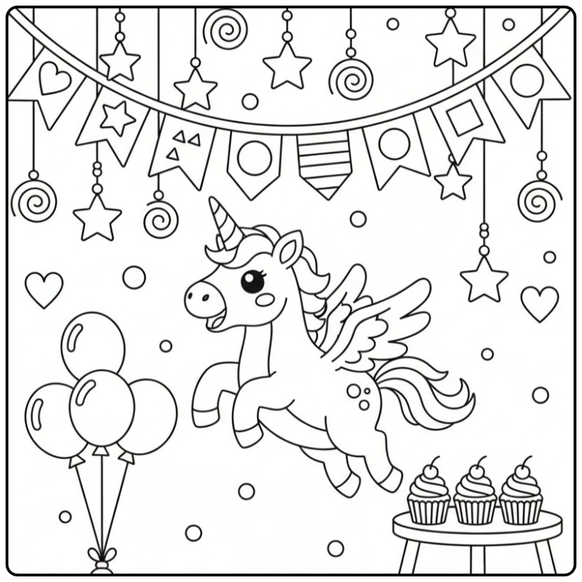 Cheerful Verjaardagscoloring Page Unicorn with Wings and Cakejes coloring page