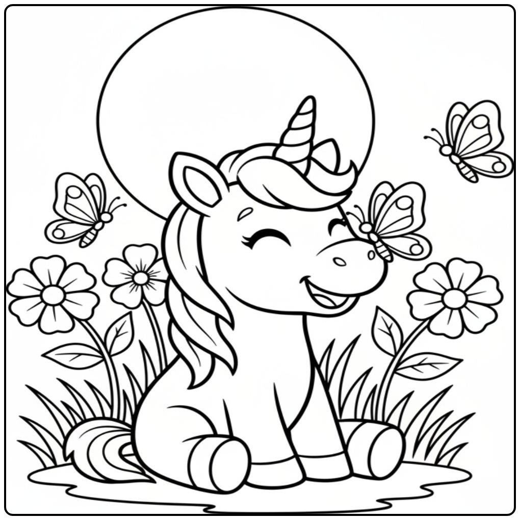 Cheerful Butterflies Unicorn in Flower Garden with Maancyclus coloring page