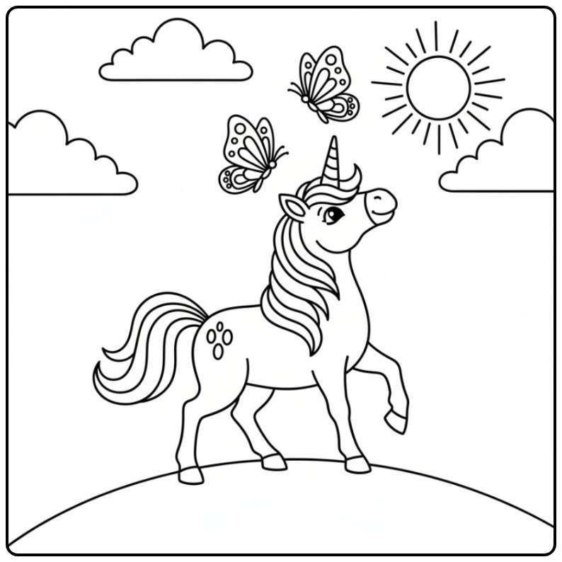 Cheerful Unicorn with Butterflies Under the Sun coloring page
