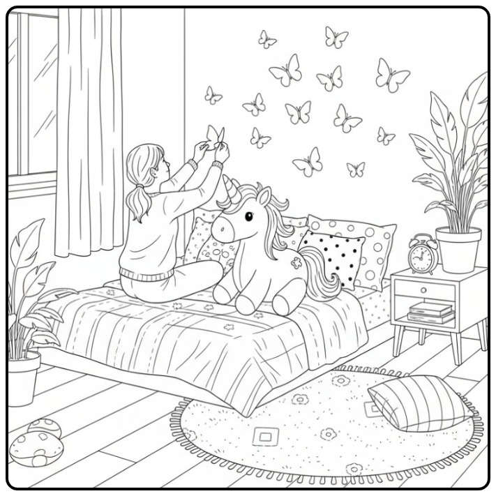 Cheerful Butterflies Unicorn for a Droomkamer coloring page