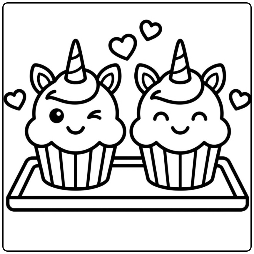 Cheerful Friends on a Unicorn Cupcake coloring page