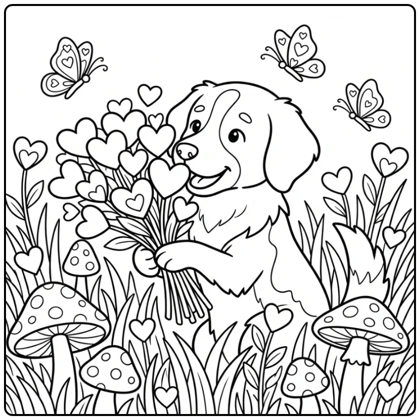 Drentsche Patrijshond Sniffing Heart-Shaped Flowers coloring page