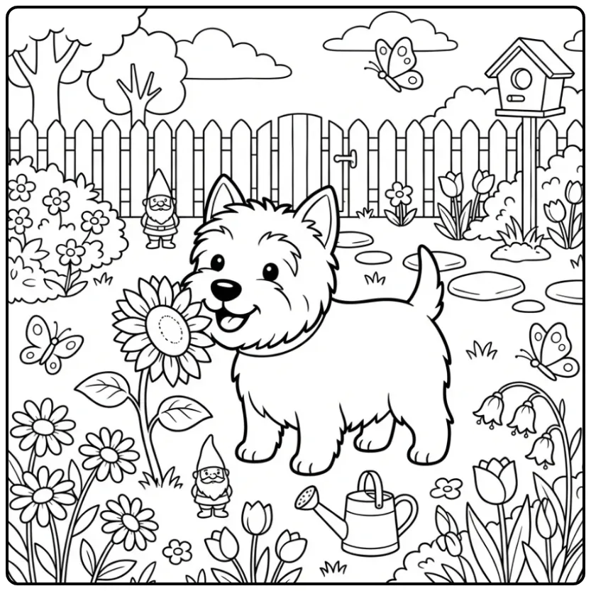 Cheerful Westie in the Backyard coloring page